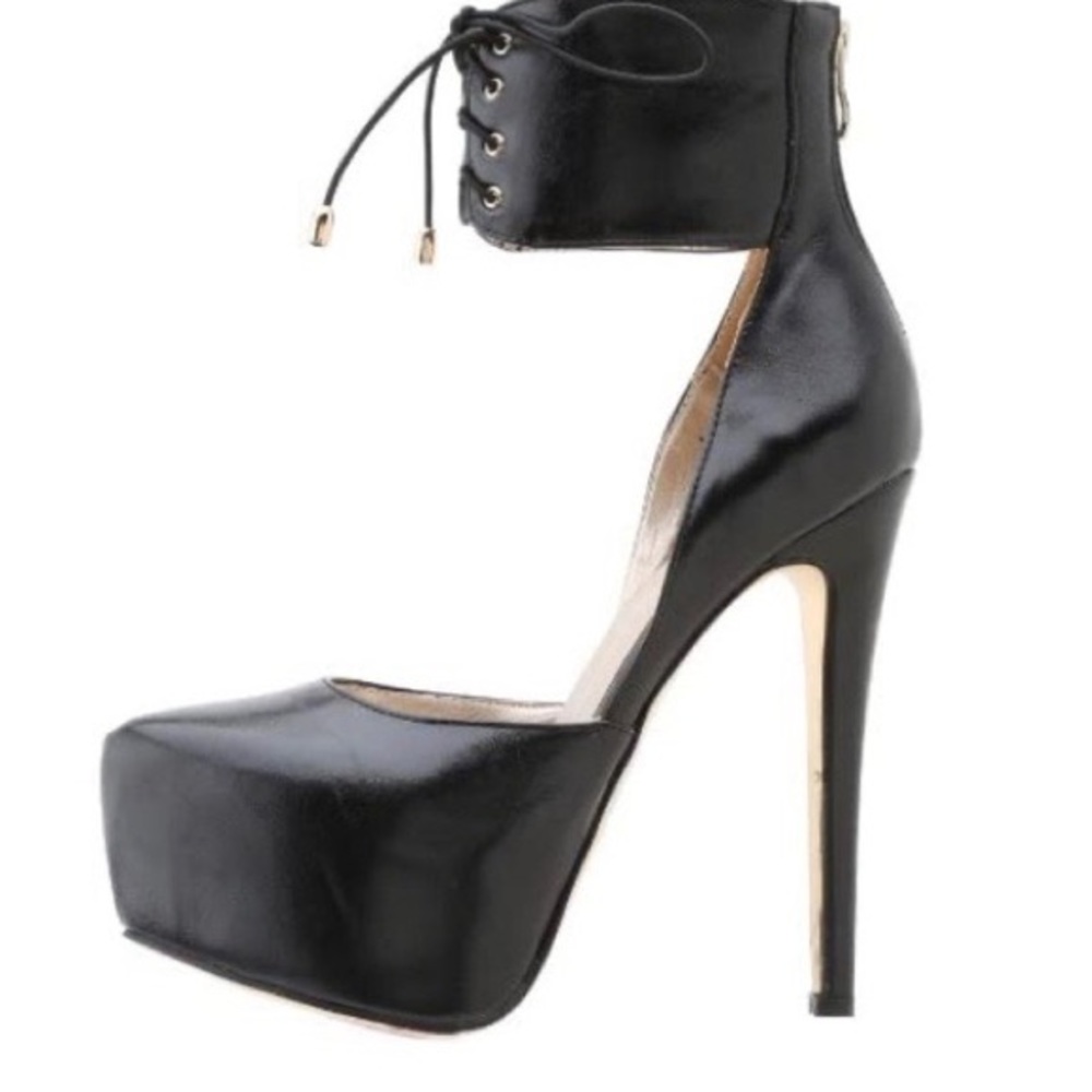 Luichiny Black Leather Ankle Cuff Platform High Heels Size 10